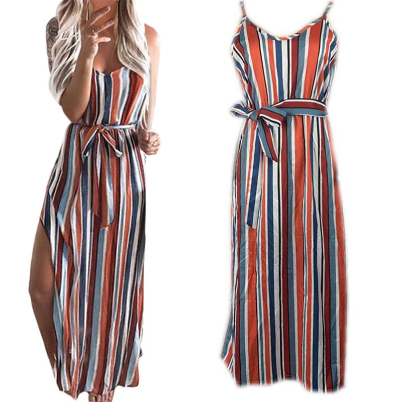 Striped Long Dress with V-Neck and Waist Tie Design by Dealightful Finds