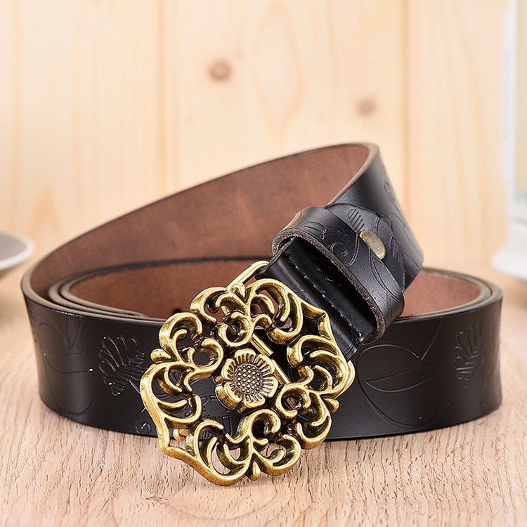 Elegant Wide Carved Flower Hollow Buckle Leather Belt by Dealightful Finds
