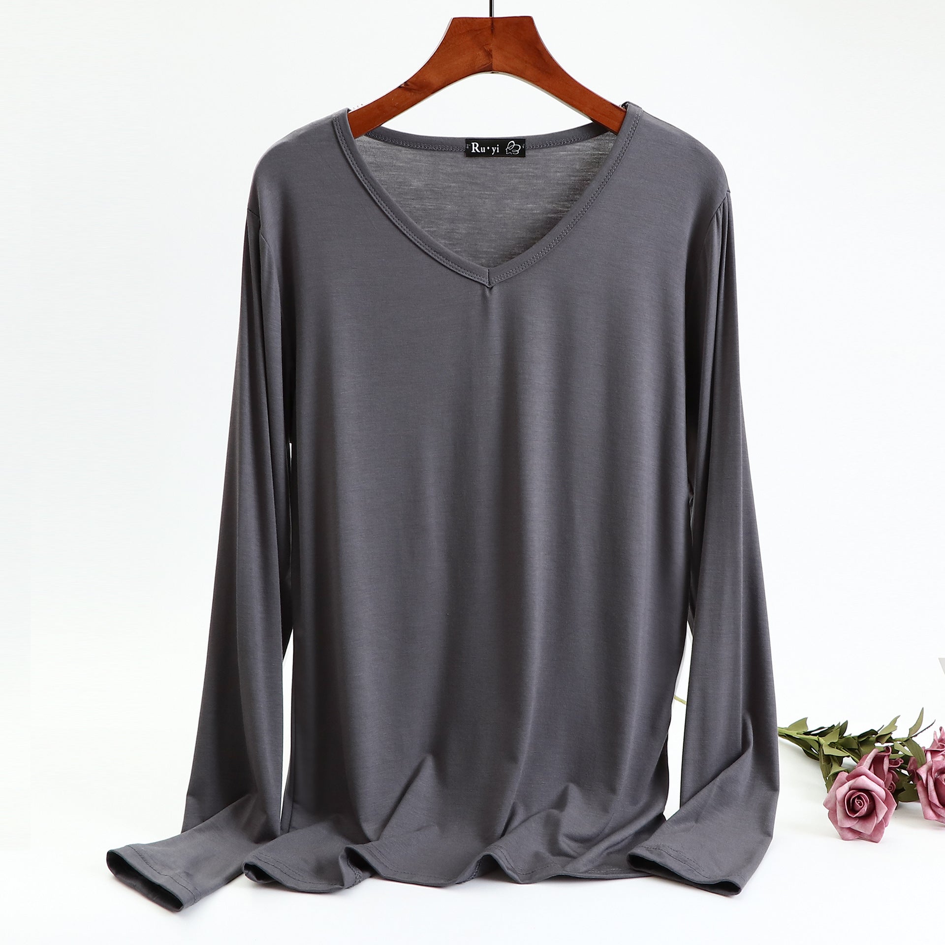 Plus Size Korean V-neck Long Sleeve Casual Top by Dealightful Finds
